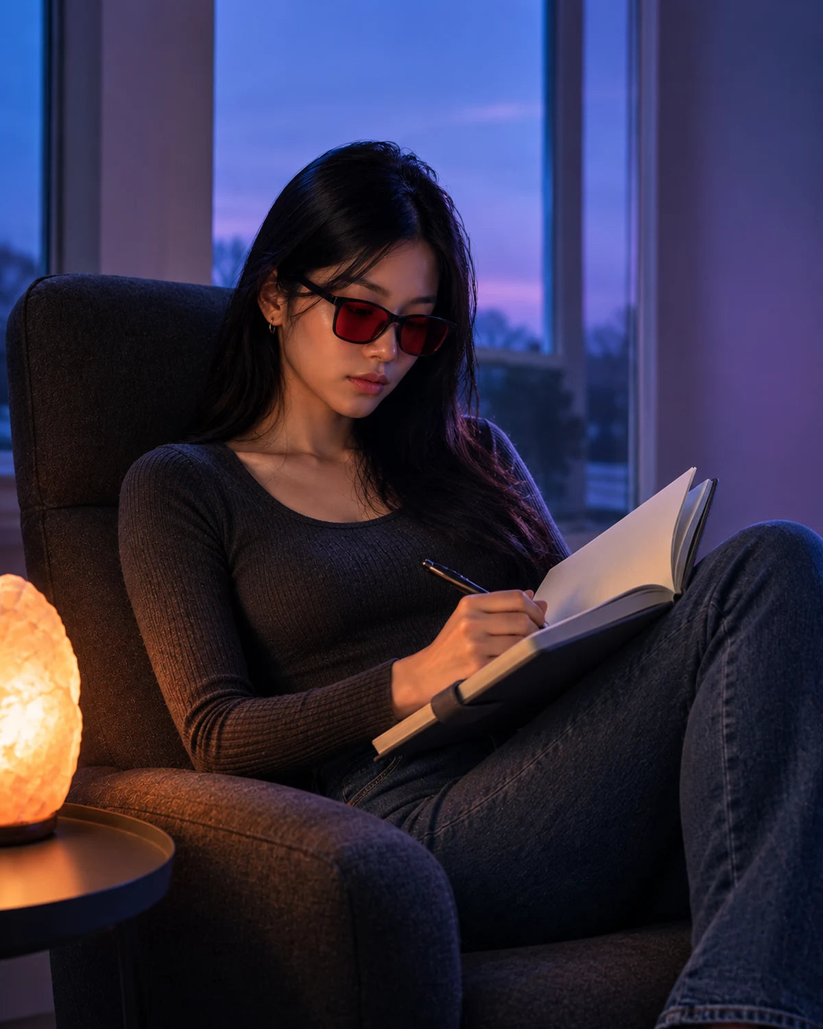 Woman in blue-light blocking glasses writing in grey leather Night Journal, salt lamp evening setting