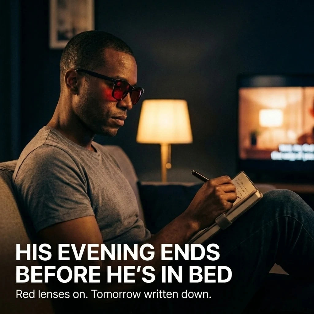 Man in blue-light blocking glasses writing in the Night Journal an hour before bed