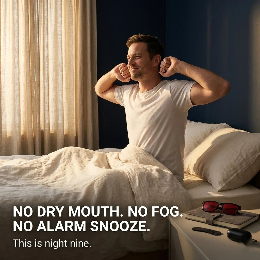 Man waking rested in morning light, the Kit on the nightstand beside him