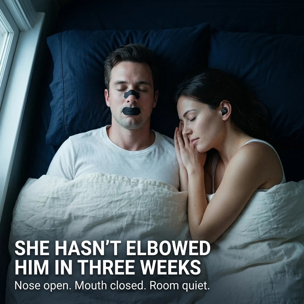 Couple asleep — nasal strip and mouth tape on him, earplugs for her, both undisturbed