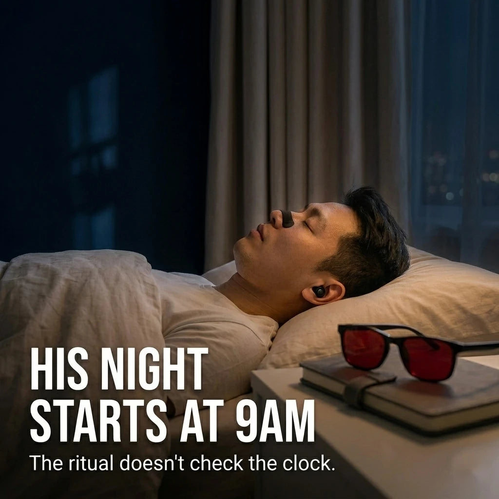 Night-shift worker asleep in a darkened room with earplugs and a nasal strip, blue-light blocking glasses on the nightstand
