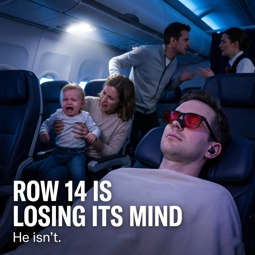 Man asleep on a night flight with earplugs and blue-light blocking glasses while the cabin stays loud