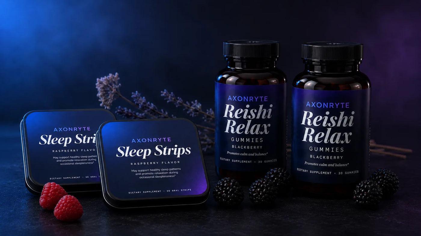 Sleep Stack 2× Pack — two Sleep Strips tins and two Reishi Relax Gummies bottles