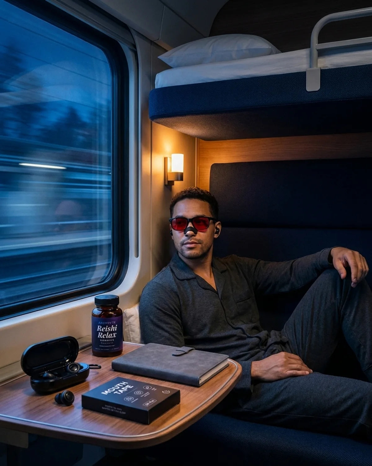Man in sleeper train compartment with AXONRYTE Kit on fold-out table, blue-light blocking glasses, earplugs