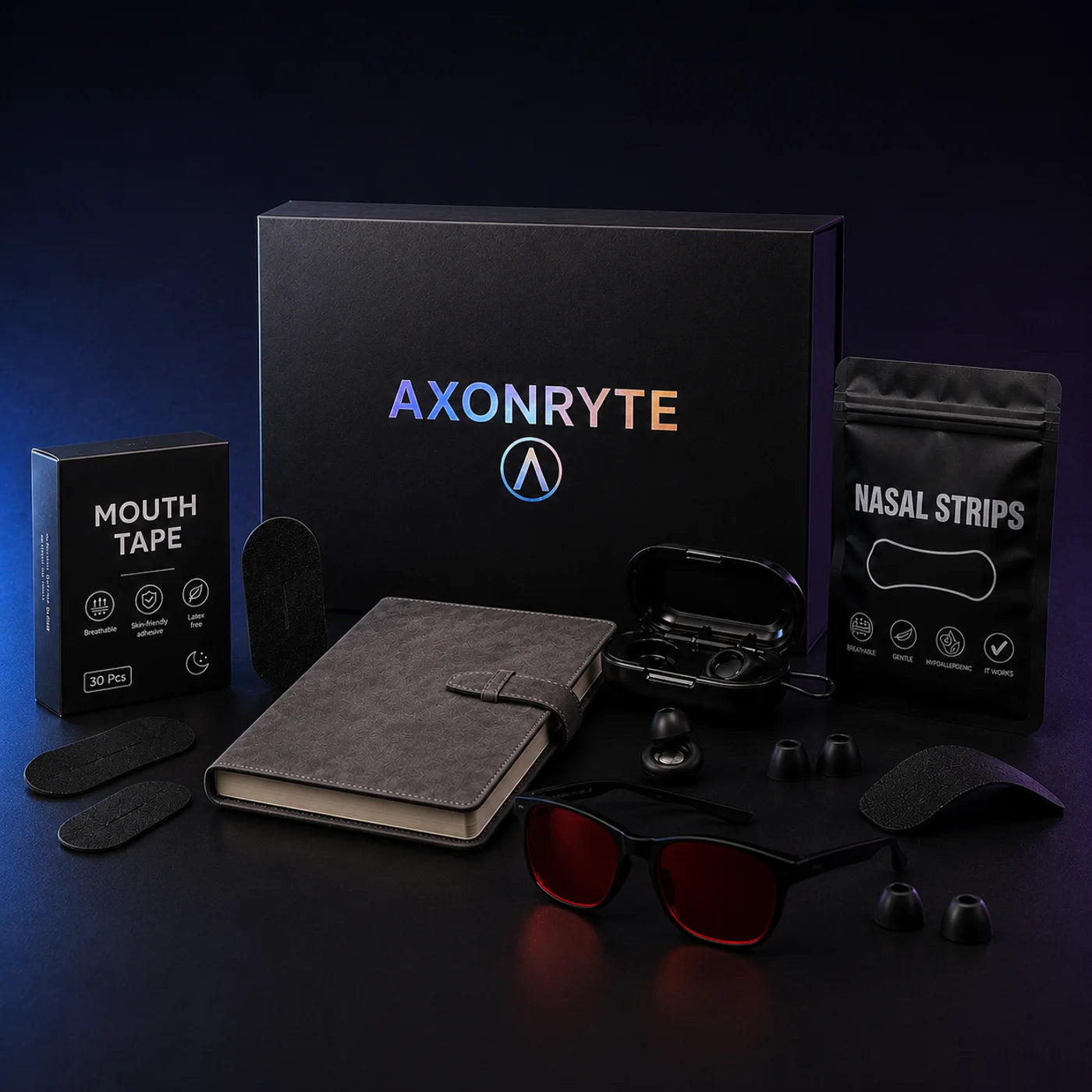 AXONRYTE Full Night Kit black mailer box with all five products on deep navy