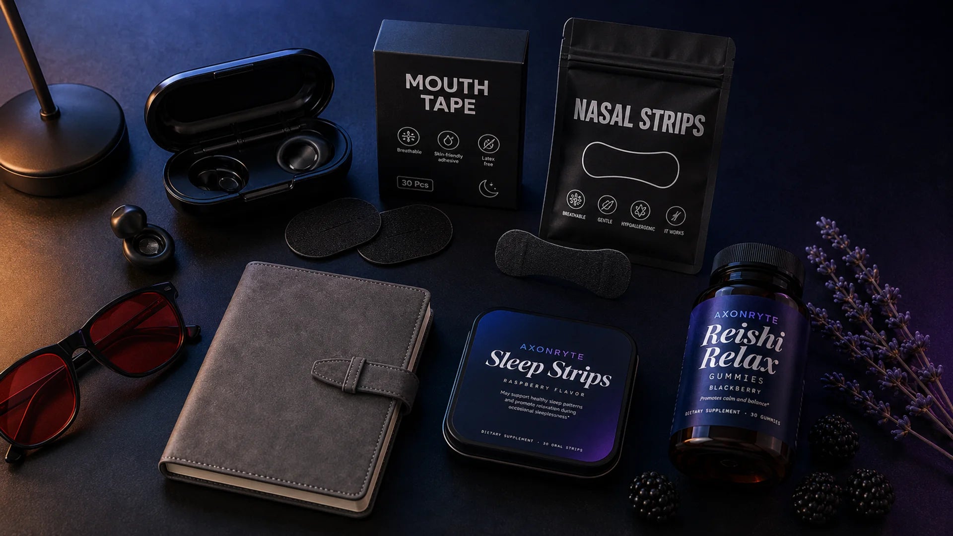 AXONRYTE Full Night Kit and Sleep Stack on deep navy surface, full product ecosystem
